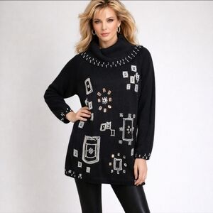 Vtg Ramie Black Embellished Pearls/Crystal Tunic Black Cowl Knit Sweater Sz M